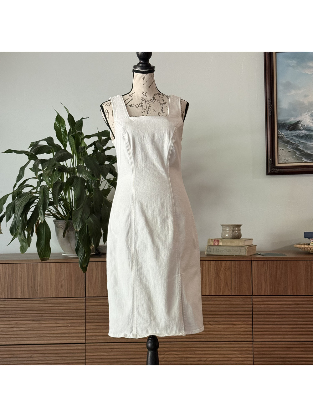 J Crew White Denim Mini Dress Size 2 Square Neck 90s Style Shift Dress